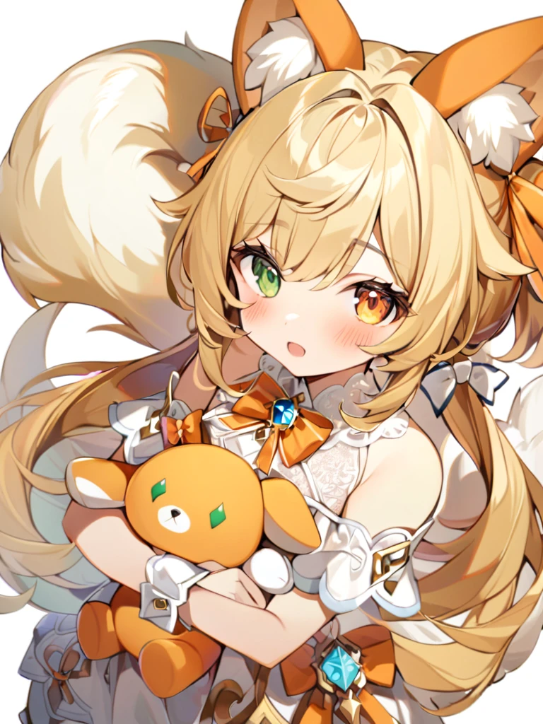 1girl, animal ears, bangs,  shoulders, blonde hair, blush, bow, breasts, white cleavage, cropped torso, , green eyes, hair ribbon, heterochromia, holding, holding stuffed toy, looking at viewer, open mouth, orange bow, orange eyes, orange ribbon, ears like an unearthly animal, fluffy tail, light tail, real tail, ribbon, solo, stuffed animal, stuffed bunny, stuffed toy, twintails, upper body, full-length, white legbands, white shoes with lace and white bows, white background, wrist cuffs, yellow eyes, bloomers, close-up, fair skin frills, lace, midriff, skirt, solo, , white background,shorts, white top with ribbon and lace and trousers,trousers, genshin,white slippers with a bow,All clothes are white, laceAt full height, it stands