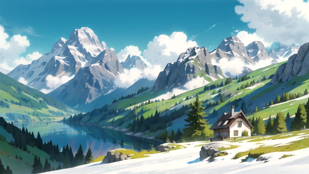 (((Ghibli style))),Humanity, Austrian Alpine meadows. Mountains in the background. Snow-capped peaks. summer. sun. good weather. photography. Mountain Lake