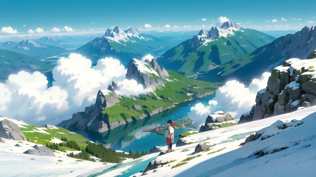 (((Ghibli style))),Humanity, Austrian Alpine meadows. Mountains in the background. Snow-capped peaks. summer. sun. good weather. photography. Mountain Lake