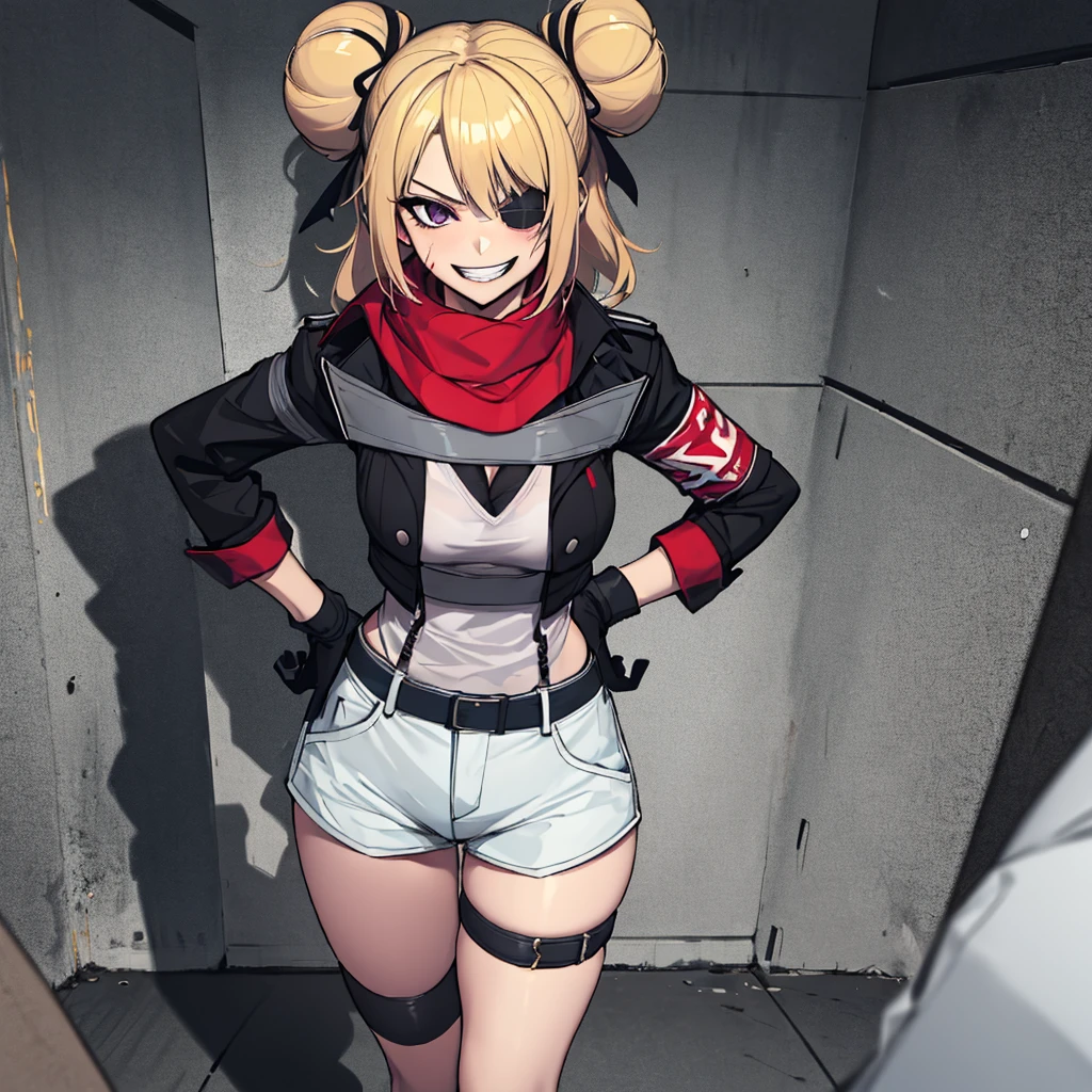 Highest quality、Blonde、Red Eye、masterpiece、Very detailed、Sports bra、Jacket、Shorts、From the waist up、Double teeth、Looking at this