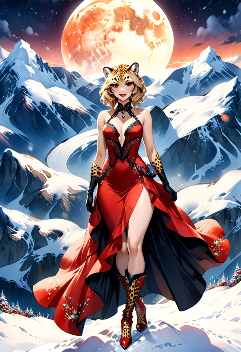 a watercolor picture of a female cheetah anthomorph wearing a red evening dress, elegant, intricate detailed dress, silk dress, she wears elegant high heeled boots, exquisite high heeled boots, female cheetah anthomorph, (wild beauty: 1.3) , (ultra feminine: 1.2), ultra detailed face, fangs revealing smile, she stands on the the top of a snowy mountain, elegant cocktail party on the top of a snowy mountain background, night time, some stars the moon is rising, best details, best quality, highres, ultra wide angle, 16k, [ultra detailed], masterpiece, best quality, (extremely detailed), full body, ultra wide shot, photorealistic, ladyshado, Cinematic Hollywood Film style