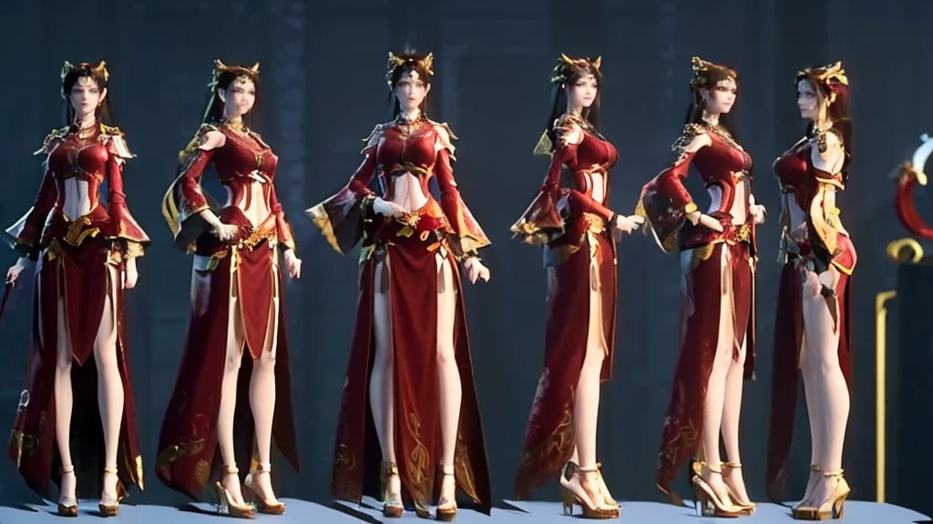 ((masterpiece, best quality)), Delicate face, Character Design Sheet，Whole body love, Rich in details, Multiple poses and expressions, Very detailed, depth, Many parts，beautiful girl，Light，发Light，Red and Gold，Phoenix decoration，gauze，Lace，Lace连裤袜，High heel