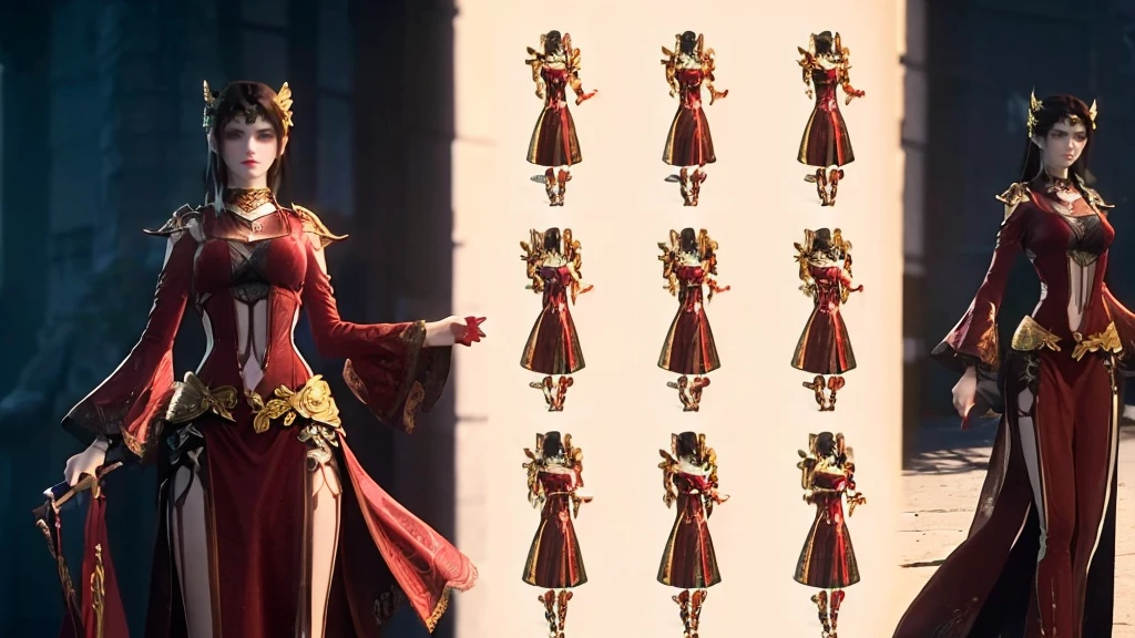 ((masterpiece, best quality)), Delicate face, Character Design Sheet，Whole body love, Rich in details, Multiple poses and expressions, Very detailed, depth, Many parts，beautiful girl，Light，发Light，Red and Gold，Phoenix decoration，gauze，Lace，Lace连裤袜，High heel