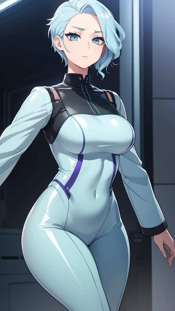 a sexy elite girl, beautiful, tall, wavy light blue hair, short cut, short forehead, her soft green eye, purple eyelashes, she wears a robotic metallic top, a military ship&#39;s aerial suit and pants, a gray military aerial suit&#39;s armor, black gloves, her hand, her back, her elite wing position.