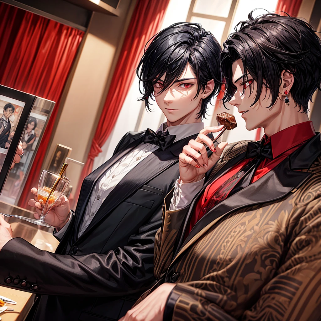 Best quality, most elaborate drawing, 1 man standing sitting on sofa, black suit, short black hair, black eyes, handsome, reddish face, holding a wine glass in his hand