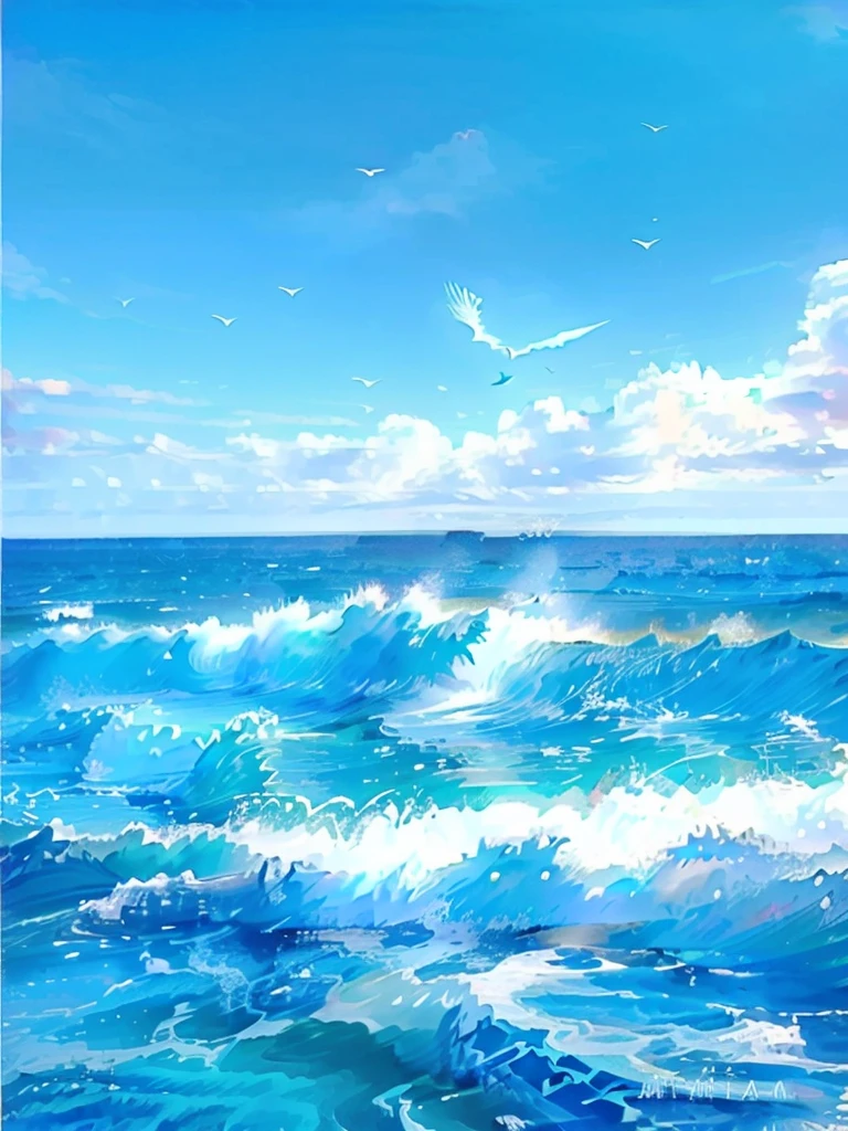 there are two seagulls Flying over the ocean on a sunny day, wild Ocean background, Sea background, Ocean background, Wallpaper Anime Blue Water, Beautiful Ocean, Blue Sea, sky and Ocean background, Sea and sky, Rough Seas, Flying over the ocean, Clouds、Wings and waves, Bright sea, Detailed sea, Beautiful sea view, realistic ocean, blue ocean,Seagull flying