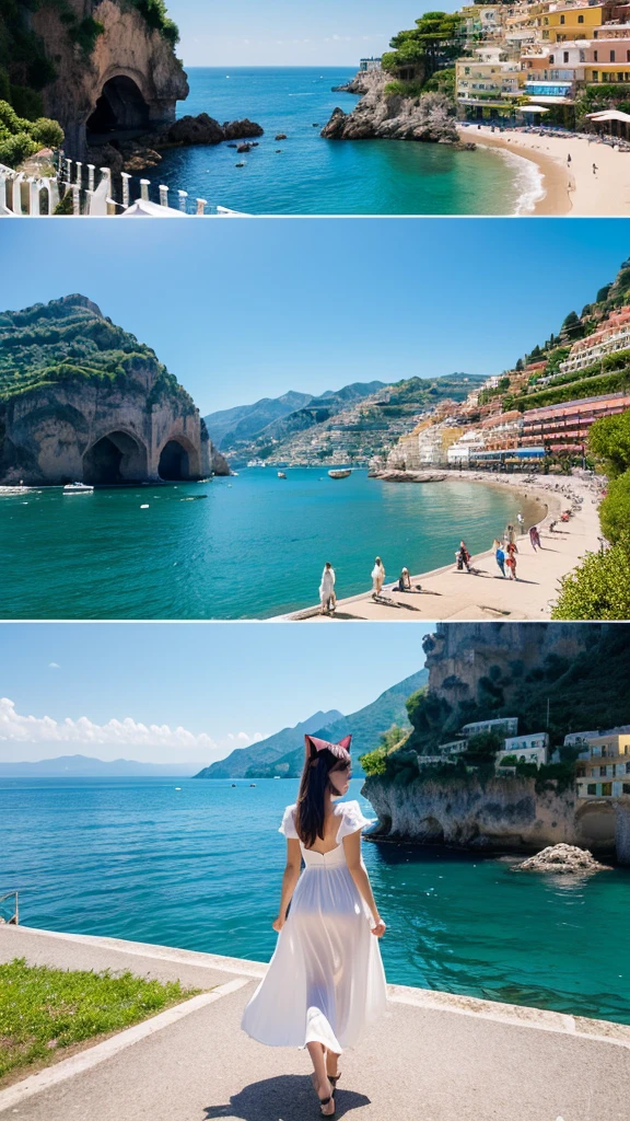 Beautiful girl walking seashore,
the stunning Amalfi Coast in Italy, with viewers enjoying the traditional Italian lemon liqueur, Limoncello, in hand as they take in the breathtaking scenery,
Capture the picturesque coastal villages along the Amalfi Coast, such as Positano, Amalfi, and Ravello, with their colorful buildings cascading down the cliffs towards the azure Mediterranean Sea,
Focus on the rugged coastline, with images of dramatic cliffs, hidden coves, and crystal-clear waters that create a paradise-like setting for relaxation and exploration,(ひまわり:1.4),
(Cat ears:1.3), (Cow pattern dress:1.2),