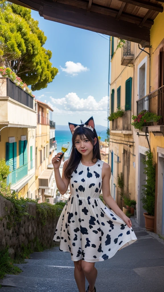 Beautiful girl walking seashore,
the stunning Amalfi Coast in Italy, with viewers enjoying the traditional Italian lemon liqueur, Limoncello, in hand as they take in the breathtaking scenery,
Capture the picturesque coastal villages along the Amalfi Coast, such as Positano, Amalfi, and Ravello, with their colorful buildings cascading down the cliffs towards the azure Mediterranean Sea,
Focus on the rugged coastline, with images of dramatic cliffs, hidden coves, and crystal-clear waters that create a paradise-like setting for relaxation and exploration,(ひまわり:1.4),
(Cat ears:1.3), (Cow pattern dress:1.2),