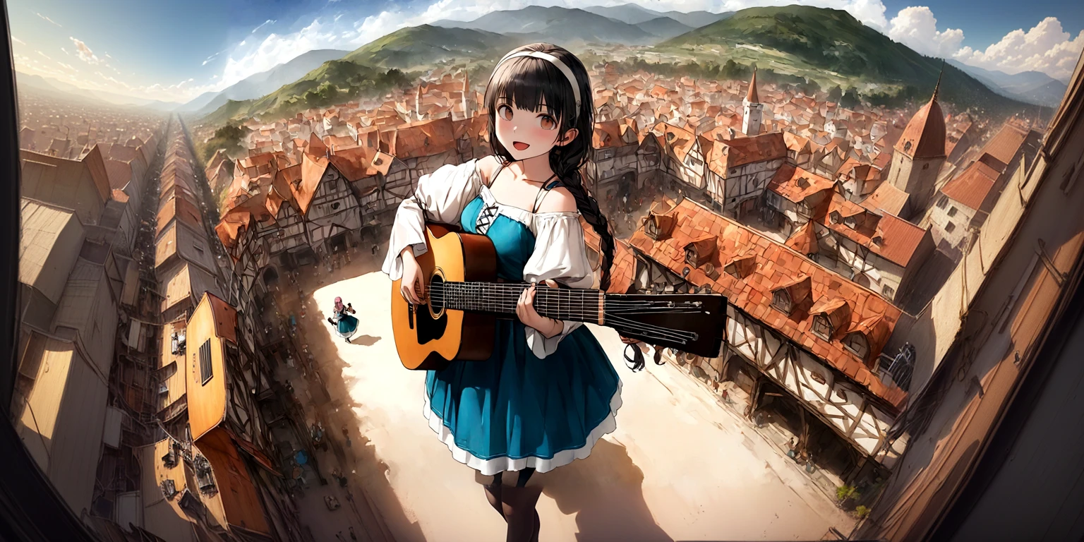 anime, chibe, (((Top quality, 4k, 8k, high resolution, masterpiece: 1.2))), (super detailed), (realistic), (photorealistic), (photorealistic: 1.37), (HDR, UHD), (studio (lighting)), ultra-fine drawing, sharp focus, physically based rendering, highly detailed, professional, vibrant colors, perfect ditaile hand, highly detailed realistic eyes, anime, cartoon, multiple girls, A lot of girls, 48 girls, Medieval European clothing, Medieval European citizen clothing, (((Girls playing guitar))), Many girls dancing on the stage, Countryside, Village Festival Stage, festival, carnival, festival decoration, smile, open mouth, brown hair, black hair, green hair, pink hair, blue hair, blond, orange hair, long hair, Medium long hair, short hair, Twin tail hairstyle, braid hairstyle, ribbon, hair ornaments, hairband, white hairband, brown eyes, blue eyes, red eyes, black eyes, green eyes, Yellow Eyes, Mini skirt,thighhighs, Long skirt, socks, looking at viewer, (((Long shot, Panorama, Aerial view, Distant view))),