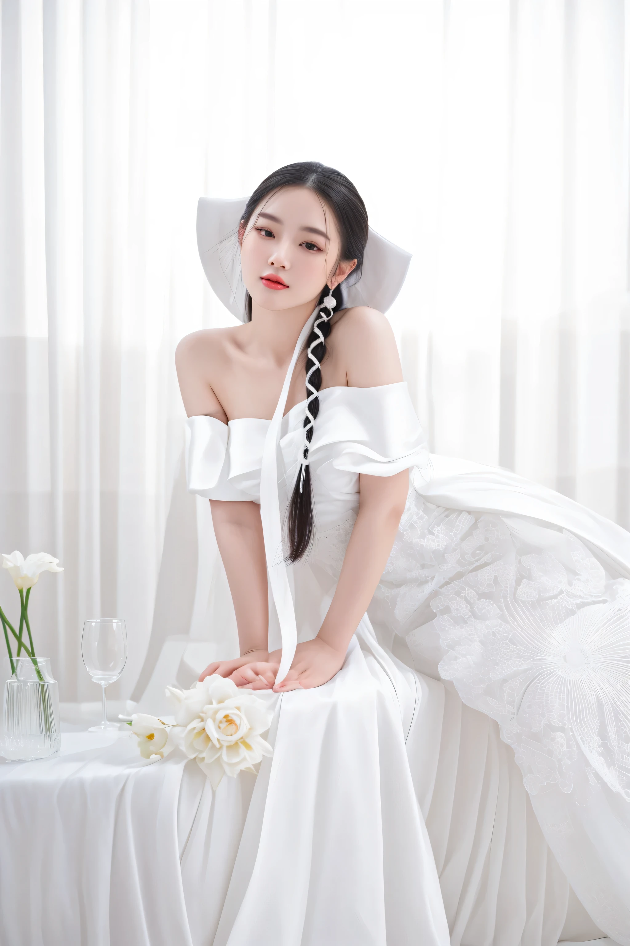 there is a woman sitting on a bed with a white dress, a beautiful woman in white, white gown, white hanfu, in white room, jia, sha xi, stunning elegant pose, portrait shot, gorgeous lady, ao dai, gorgeous chinese model, in white clothes, beautiful south korean woman, wearing long gown, lovely woman, gorgeous young korean woman