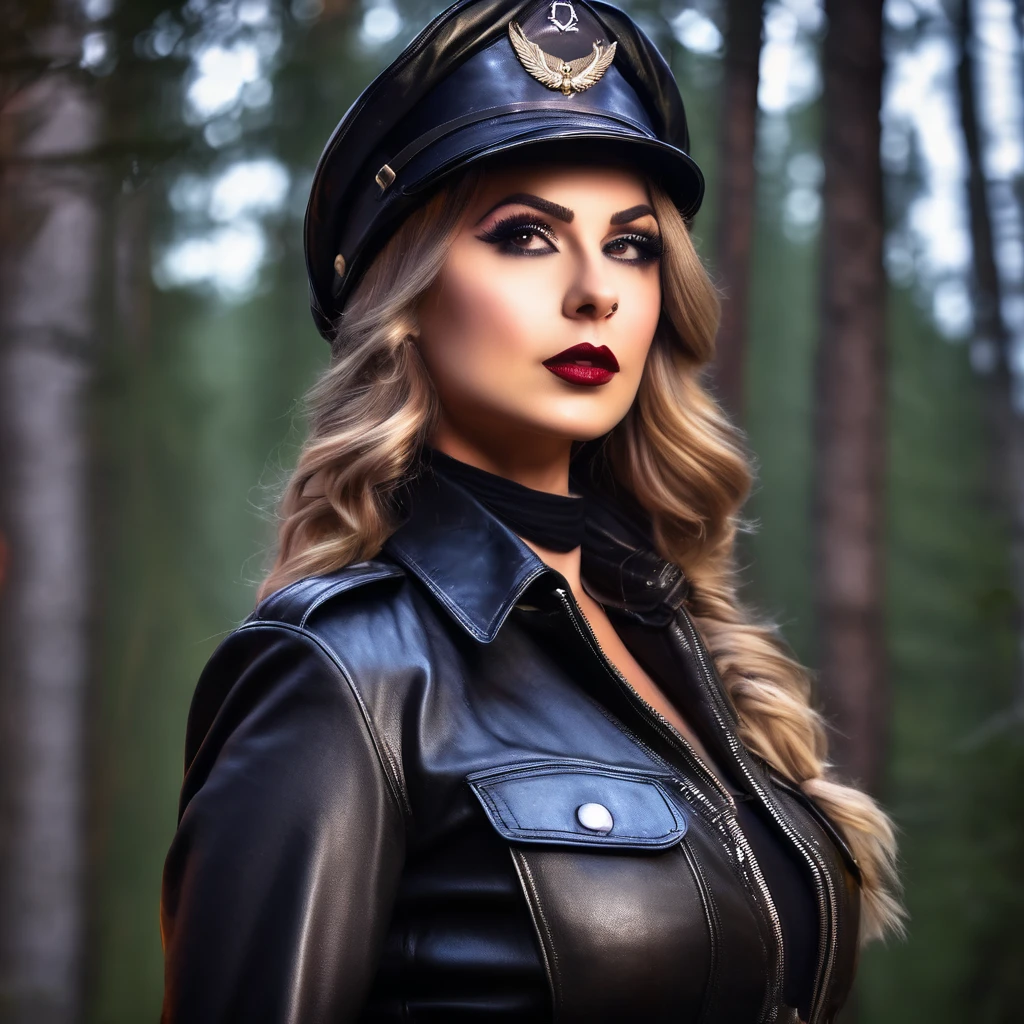 beautiful ((similing)) relytvil posing in (dynamic pose) as a world war 2 diesel punk army officer, black leather uniform with cleavage wearing leather army hat, photo referenced, highest quality, high quality, (detailed face and eyes), dusk lighting,, strong makeup, industrial, outdoor snow forest background   ((close up))   