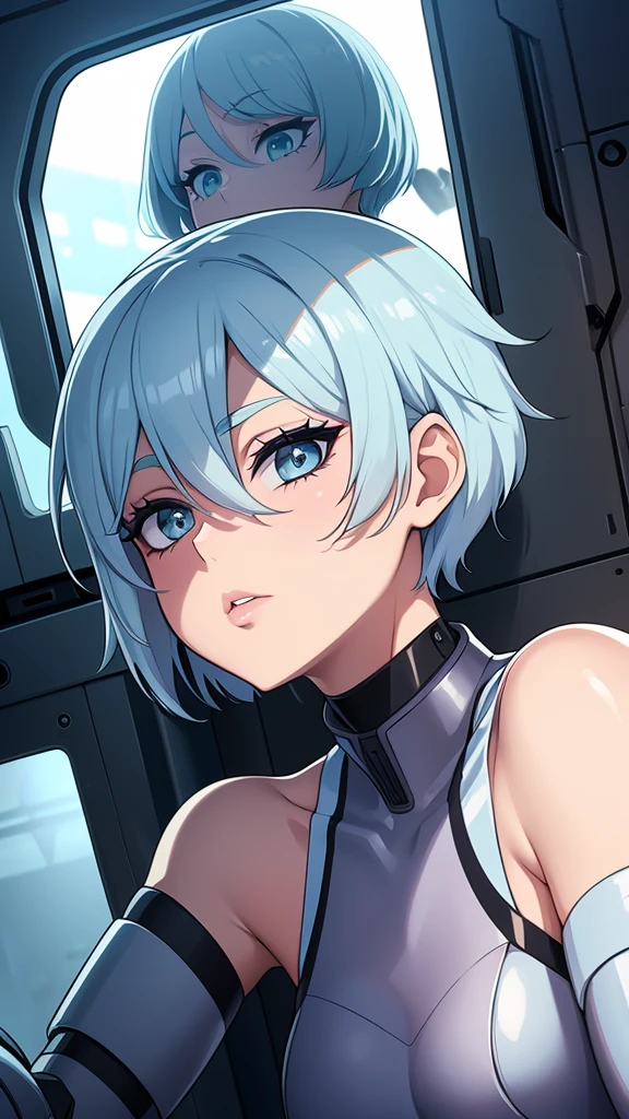 a sexy elite girl, beautiful, tall, wavy light blue hair, short cut, short forehead, her soft green eye, purple eyelashes, she wears a robotic metallic top, a military ship&#39;s aerial suit and pants, a gray military aerial suit&#39;s armor, black gloves, her hand, her back, her elite wing position.