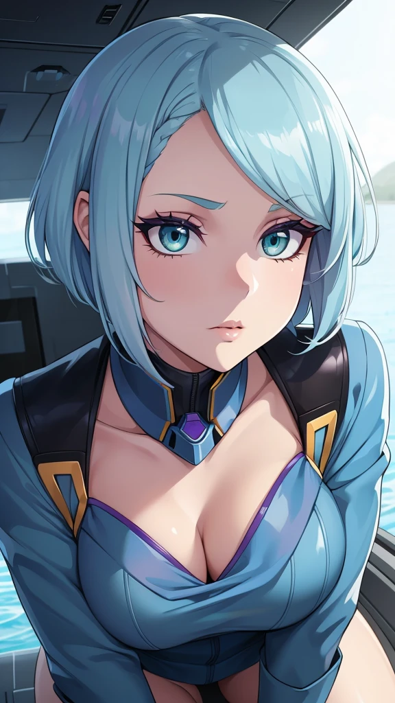 a sexy elite girl, beautiful, tall, wavy light blue hair, short cut, short forehead, her soft green eye, purple eyelashes, she wears a robotic metallic top, a military ship's aerial suit and pants, a gray military aerial suit's armor, black gloves, her hand, her back, her elite wing position.