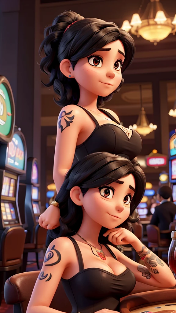 Woman with medium black hair, tattoo, arm, cell phone in hand in a casino, cigar