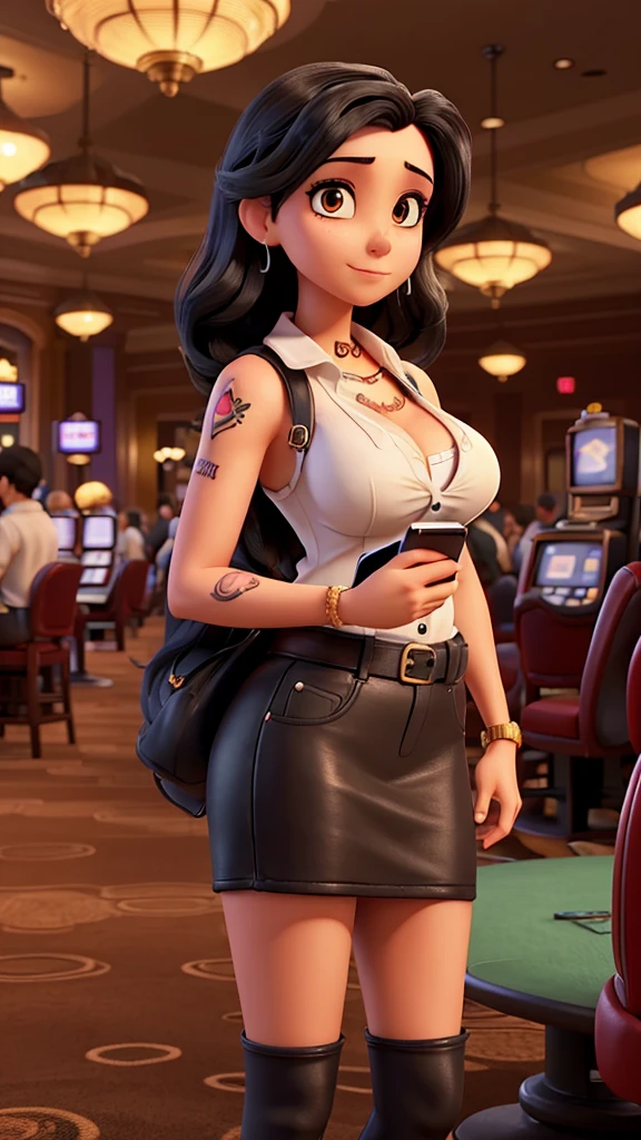 Woman with medium black hair, tattoo, busty arm, cell phone in hand in a casino, cigar