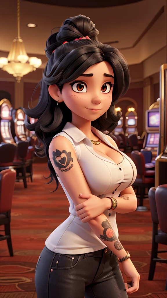 Woman with black hair, arm and chest tattoo, iphone in hand in a casino, messing with your cell phone, big lips big cilhos, angry face