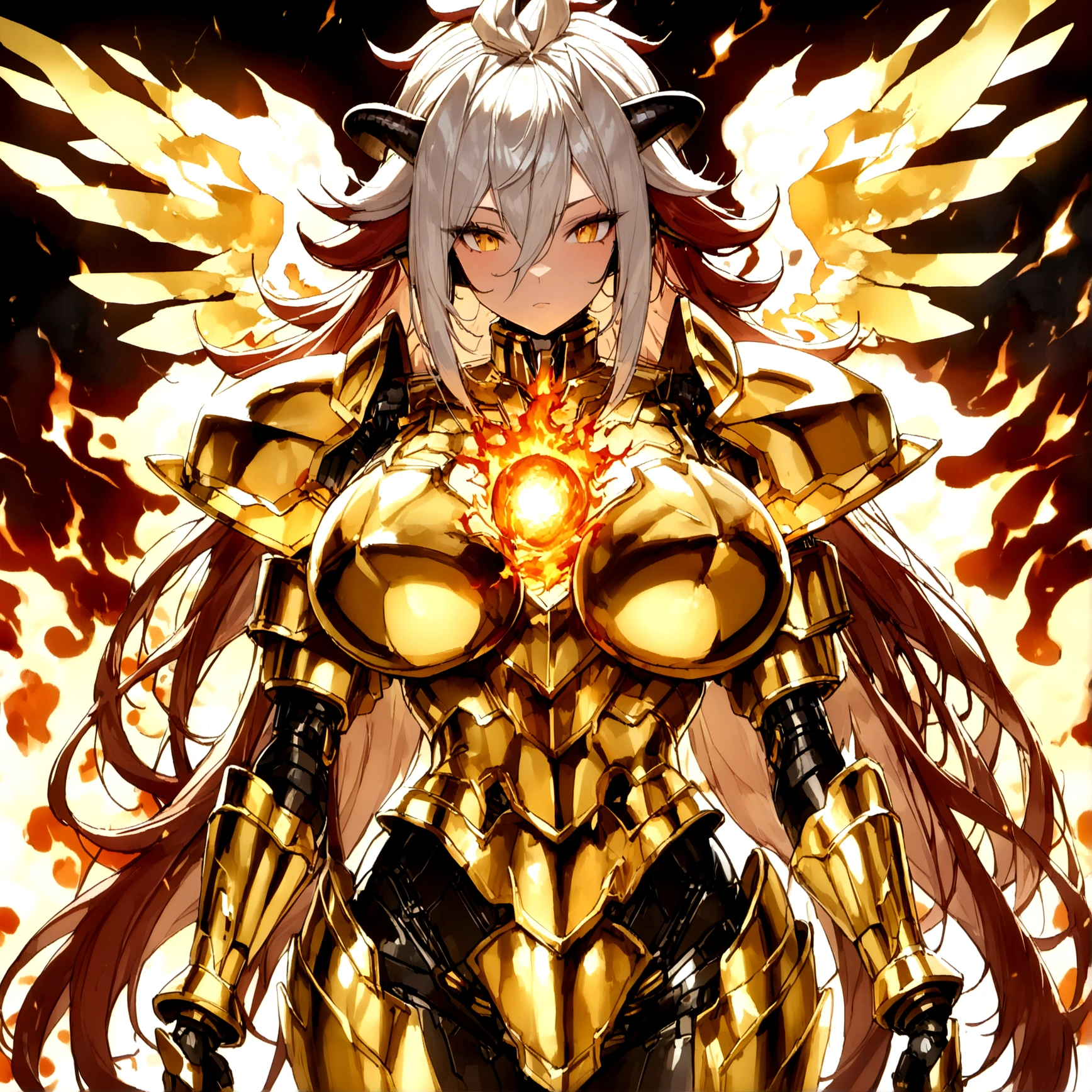 ((Lightning Power)), ((Electricity)), ((Fire Background)), ((Lightning Storm)), ((Power Erupting)), (((((android 21))))), ((((Gigantic Fire Rasengan)))), (((Evil Power))), (((white Coat))), (((Busty))), (((((Big breast:1,3)))), luxury bustier corset, (((silver hair))), (((Very slim waist))), propotional body, ((Gorgeous)), (((Fire Blazing Horns))), ((((gold wings))), masterpiece, hyperdetail, ambient effect, digital effect, (((Fire Gold Armor))), (((Lightning Gold Wings)))