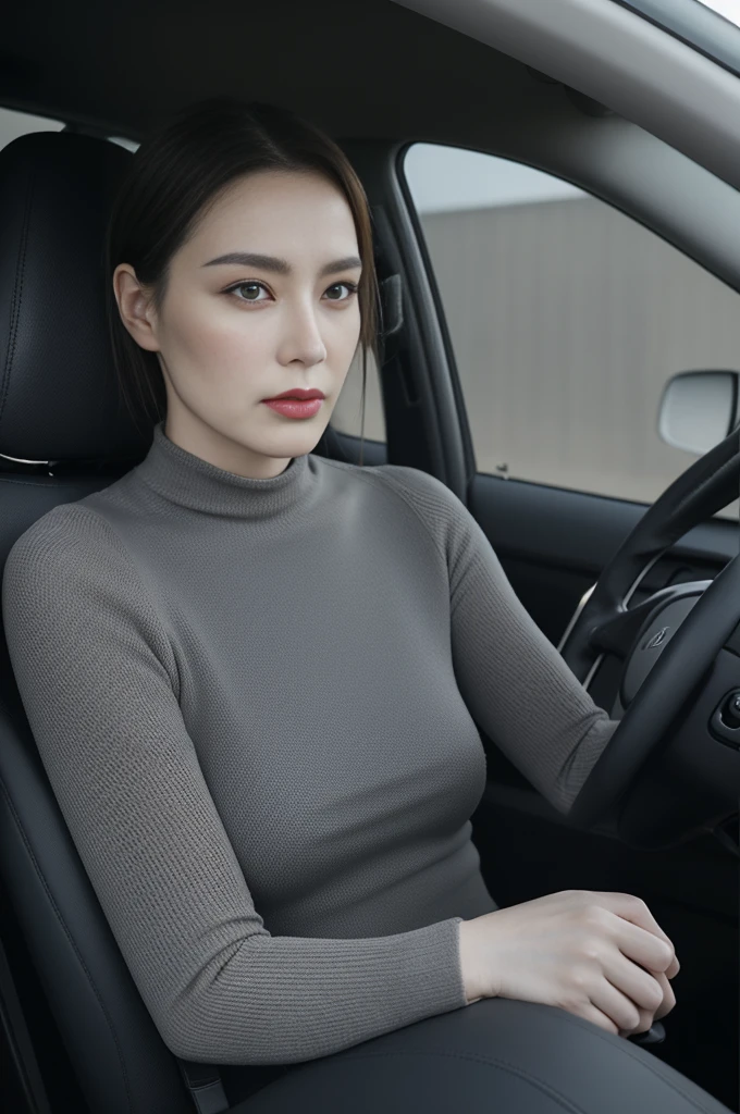 A woman sitting in a car，On his leg is a bag, Legs occupy your perspective, 🤬 🤮 💕 🎀, sitting in her car, Legs show, drive, [ Photo-realistic ]!!, ergonomic, pantyhose, 4 liters, Wear knee socks, Women&#39;s Gigachad, Right-hand drive, Ha 12.0, Tirkish 24 year old woman wearing black loose t-shirt, Short sleeve, Basic crewneck、(Photo real:1.4, Bouncy medium breasts, Very detailed Teal&#39;c beauty 1girl in、(Bright Lights:1.2)、(quality improvement:1.4)、
(Top quality real texture skin:1.4)、

(Mood improves body lines:1.1)、(Improve skin texture:1.1)