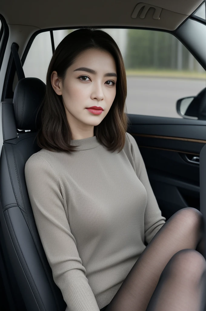 A woman sitting in a car，On his leg is a bag, Legs occupy your perspective, 🤬 🤮 💕 🎀, sitting in her car, Legs show, drive, [ Photo-realistic ]!!, ergonomic, pantyhose, 4 liters, Wear knee socks, Women&#39;s Gigachad, Right-hand drive, Ha 12.0, Tirkish 24 year old woman wearing black loose t-shirt, Short sleeve, Basic crewneck、(Photo real:1.4, Bouncy medium breasts, Very detailed Teal&#39;c beauty 1girl in、(Bright Lights:1.2)、(quality improvement:1.4)、
(Top quality real texture skin:1.4)、

(Mood improves body lines:1.1)、(Improve skin texture:1.1)