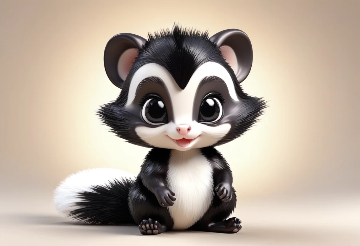 Chibi-style 3D baby skunk with exaggerated features, large head, huge sparkling eyes, tiny body, short limbs, radiating joy, positioned center frame, cute and endearing aesthetic, full-body view, soft fur texture, cheerful expression, embraced by warm, soft lighting, ultra fine details, digital render.