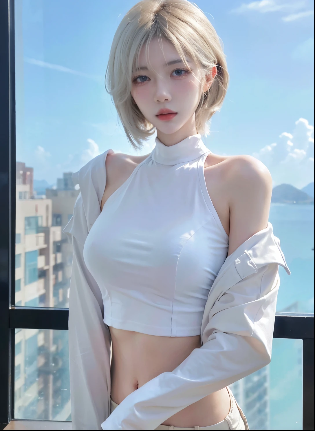 Beautiful woman with perfect figure:1.4，Ultra-high resolution，wear glasses，White背景，（lifelike：1.4），Layered Hairstyle，White皮肤，Super short pleated skirt，whole body，Very delicate face and skin texture，Double eyelids，Skin Whitening，Long hair，White hair，White，