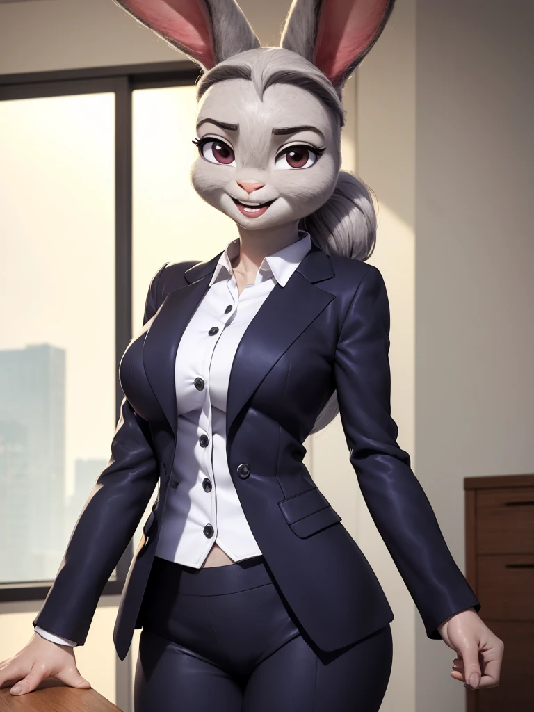 best quality, masterpiece, 3D anime, (((solo))), (((1girl))),  ((Face is JudyHopps)), (long ears like a rabbit:0.8), Heir is in a black ponytail style, Body is human lady, 	(She wear navy blue business suit, tailored jacket, white blouse, skirt:0.9), (the suit is made of wool:1.4), ((skin is silver with fluffy and fluffy)), (portrait view), In the background there is a office space, ((Her expression shows a fresh fresh smile)),