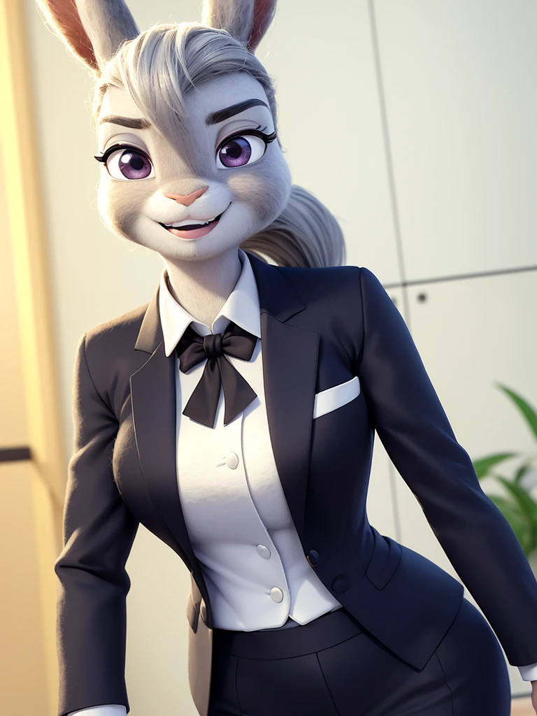 best quality, masterpiece, 3D anime, (((solo))), (((1girl))), ((Face is JudyHopps)), (long ears like a rabbit:0.8), Heir is in a black ponytail style, Body is human lady, (She wear navy blue business suit, tailored jacket, white blouse, skirt:0.9), (the suit is made of wool:1.4), ((skin is silver with fluffy and fluffy)), (portrait view), In the background there is a office space, ((Her expression shows a fresh fresh smile)),