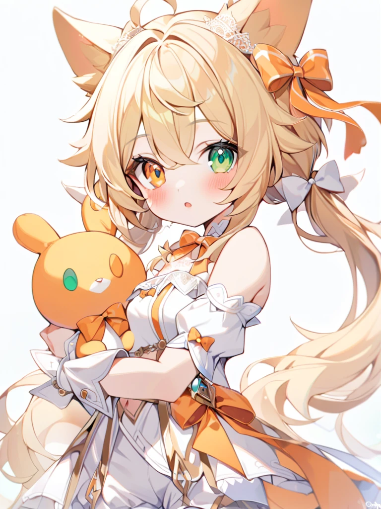 1girl, animal ears, bangs, bare shoulders, blonde hair, blush, bow, breasts, white cleavage, cropped torso, , green eyes, hair ribbon, heterochromia, holding, holding stuffed toy, looking at viewer, open mouth, orange bow, orange eyes, orange ribbon, ears like an unearthly animal, fluffy tail, light tail, real tail, ribbon, solo, stuffed animal, stuffed bunny, stuffed toy, twintails, upper body, full-length, white legbands, white shoes with lace and white bows, white background, wrist cuffs, yellow eyes, bloomers, close-up, fair skin frills, lace, midriff, skirt, solo, , white background,shorts, white top with ribbon and lace and trousers,trousers, genshin,white slippers with a bow,All clothes are white, laceAt full height, it stands, в полный рост