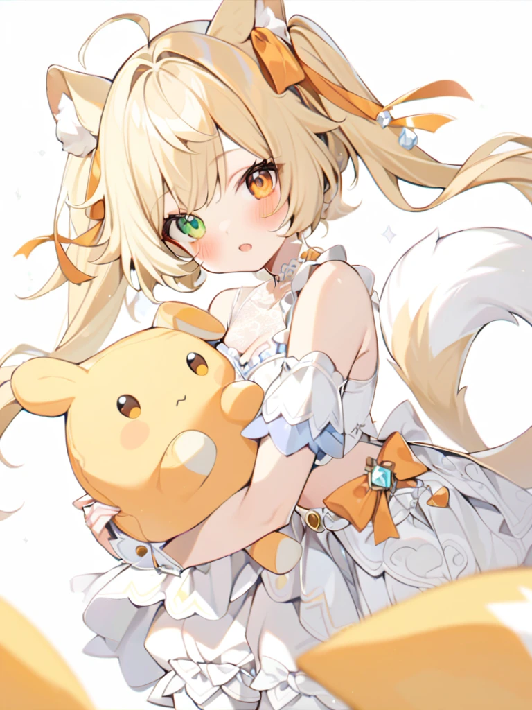 1girl, animal ears, bangs, bare shoulders, blonde hair, blush, bow, breasts, white cleavage, cropped torso, , green eyes, hair ribbon, heterochromia, holding, holding stuffed toy, looking at viewer, open mouth, orange bow, orange eyes, orange ribbon, ears like an unearthly animal, fluffy tail, light tail, real tail, ribbon, solo, stuffed animal, stuffed bunny, stuffed toy, twintails, upper body, full-length, white legbands, white shoes with lace and white bows, white background, wrist cuffs, yellow eyes, bloomers, close-up, fair skin frills, lace, midriff, skirt, solo, , white background,shorts, white top with ribbon and lace and trousers,trousers, genshin,white slippers with a bow,All clothes are white, laceAt full height, it stands, в полный рост