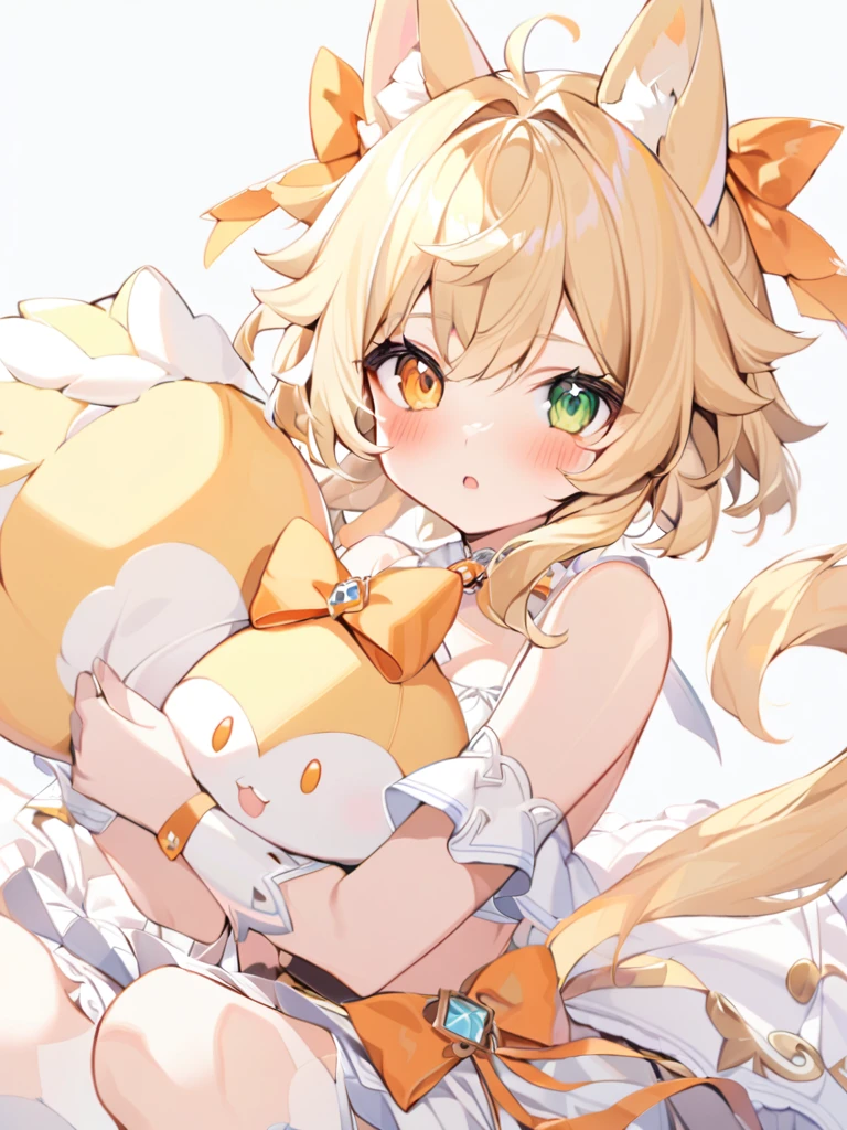 1girl, animal ears, bangs, bare shoulders, blonde hair, blush, bow, breasts, white cleavage, cropped torso, , green eyes, hair ribbon, heterochromia, holding, holding stuffed toy, looking at viewer, open mouth, orange bow, orange eyes, orange ribbon, ears like an unearthly animal, fluffy tail, light tail, real tail, ribbon, solo, stuffed animal, stuffed bunny, stuffed toy, twintails, upper body, full-length, white legbands, white shoes with lace and white bows, white background, wrist cuffs, yellow eyes, bloomers, close-up, fair skin frills, lace, midriff, skirt, solo, , white background,shorts, white top with ribbon and lace and trousers,trousers, genshin,white slippers with a bow,All clothes are white, laceAt full height, it stands, в полный рост