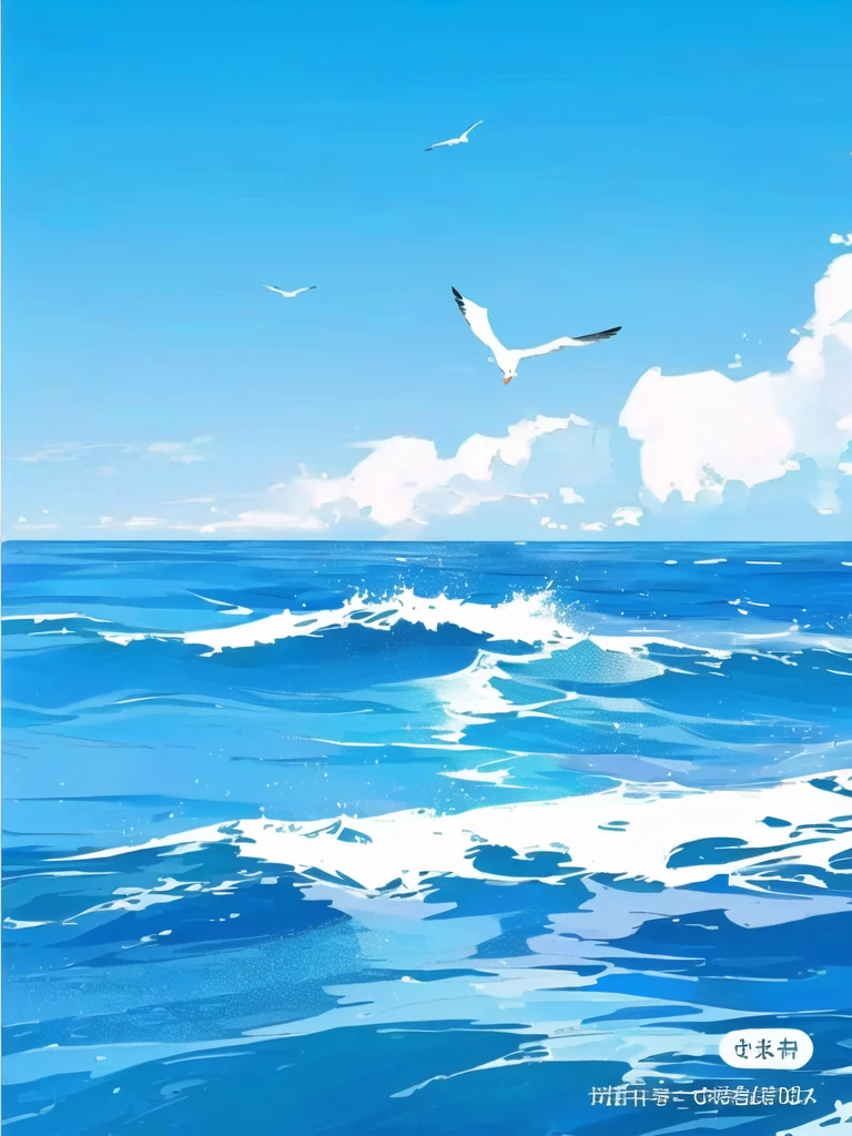 there are two seagulls Flying over the ocean on a sunny day, wild Ocean background, Sea background, Ocean background, Wallpaper Anime Blue Water, Beautiful Ocean, Blue Sea, sky and Ocean background, Sea and sky, Rough Seas, Flying over the ocean, Clouds、Wings and waves, Bright sea, Detailed sea, Beautiful sea view, realistic ocean, blue ocean,Seagull flying