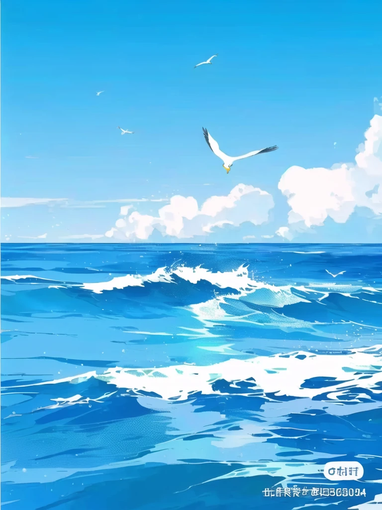 there are two seagulls Flying over the ocean on a sunny day, wild Ocean background, Sea background, Ocean background, Wallpaper Anime Blue Water, Beautiful Ocean, Blue Sea, sky and Ocean background, Sea and sky, Rough Seas, Flying over the ocean, Clouds、Wings and waves, Bright sea, Detailed sea, Beautiful sea view, realistic ocean, blue ocean,Seagull flying