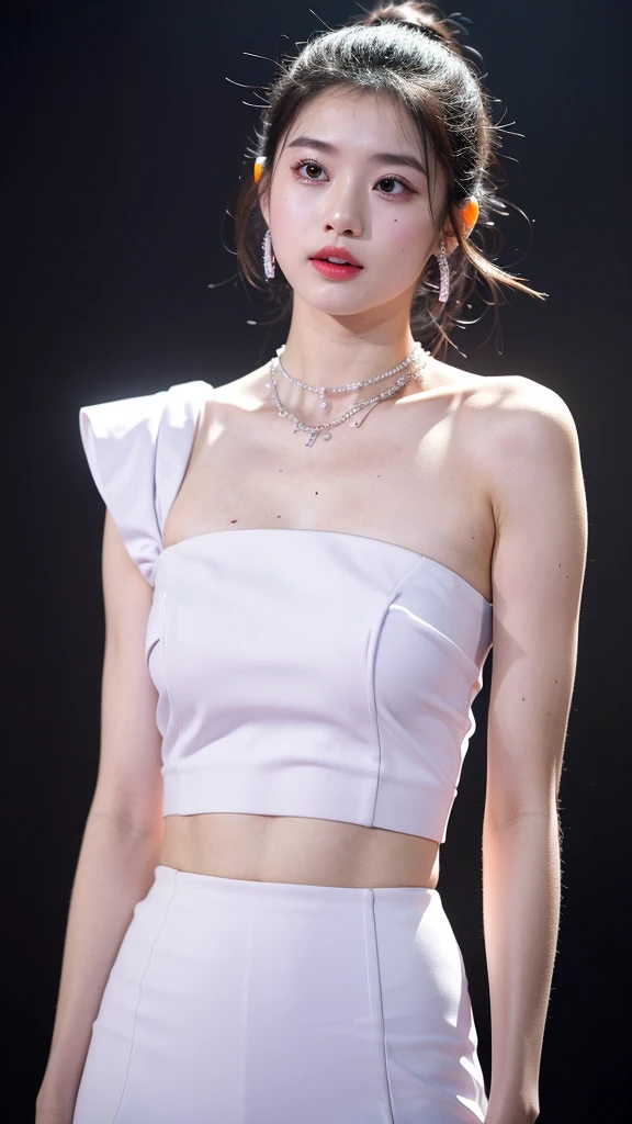 (Extra detailed body、The face is rich in detail、Best quality:1.2)、20-year-old sweet girl、Looking at the audience、(Quirky stylish、Large shoulder-length piercing、A necklace、Contrast purple, White and black clothes、Asymmetry),Large Breasts