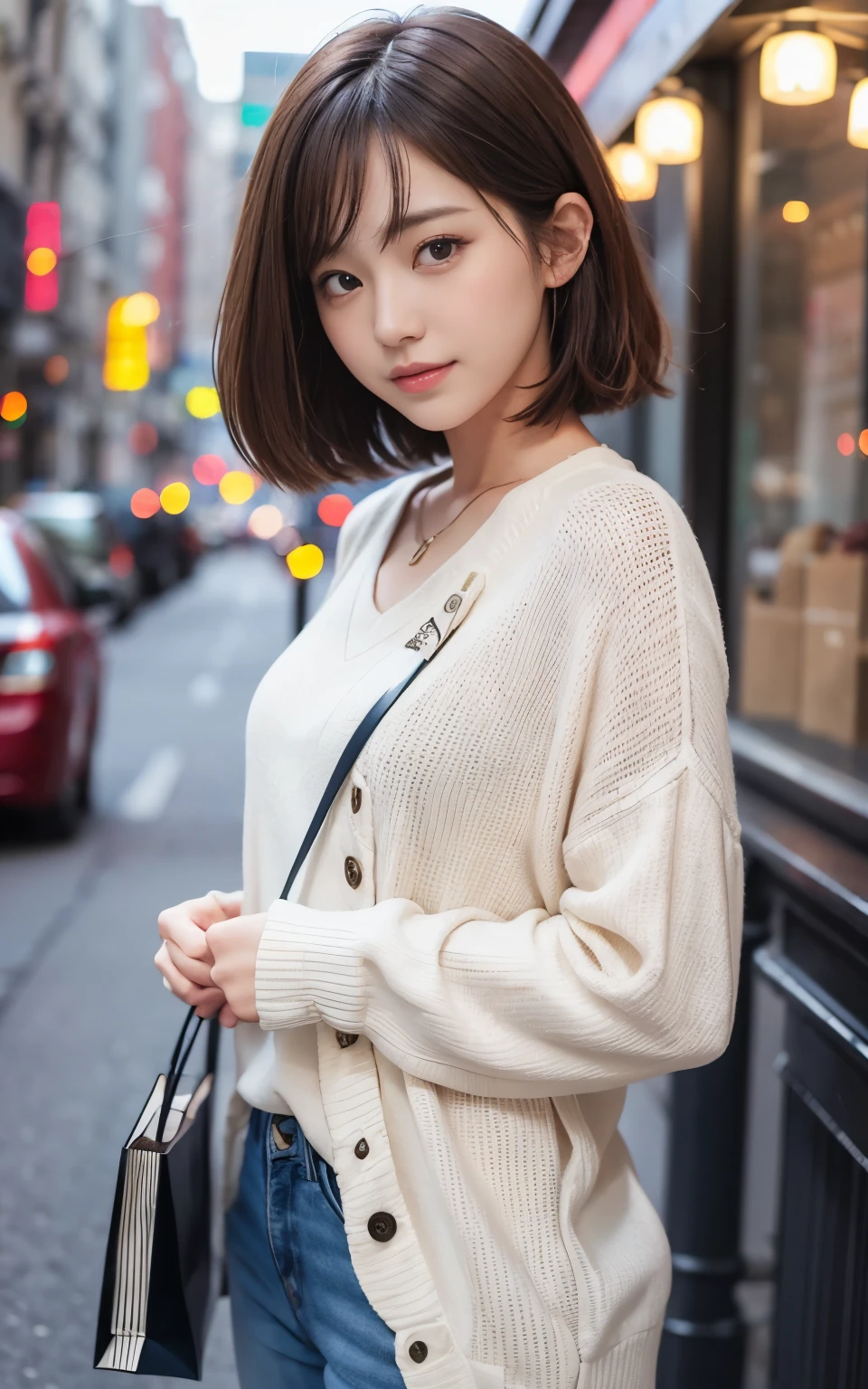 Cute 21 year old Japanese、shopping、Ultra-detailed facial features、Attention to detail、double eyelid、Beautiful and thin nose、Sharp Focus：1.2、beauty：1.4、（Light Brown Hair、Short Hair、）、Pure white skin、Highest quality、masterpiece、超High resolution、（Photorealistic：1.4）、High resolution、Professional Lighting、nice smile、please show me your whole body、Casual pants、Colorful spring clothes、