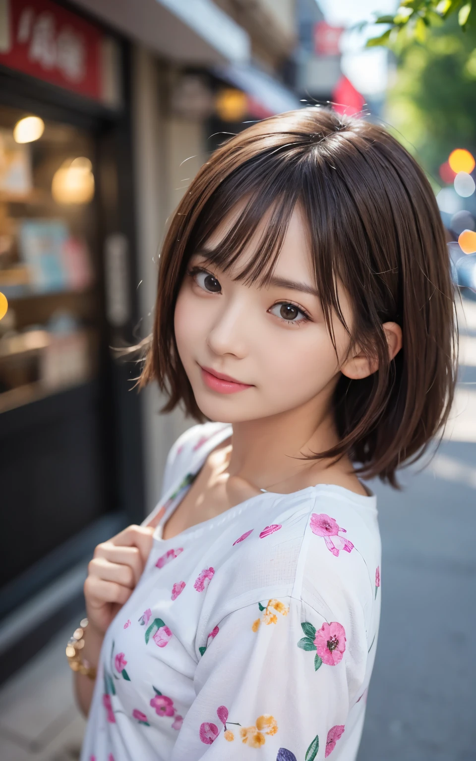 Cute 21 year old Japanese、shopping、Ultra-detailed  features、Attention to detail、double eyelid、Beautiful and thin nose、Sharp Focus：1.2、beauty：1.4、（Light Brown Hair、Short Hair、）、Pure white skin、Highest quality、masterpiece、超High resolution、（Photorealistic：1.4）、High resolution、Professional Lighting、nice smile、please show me your whole body、Casual pants、Colorful spring clothes、