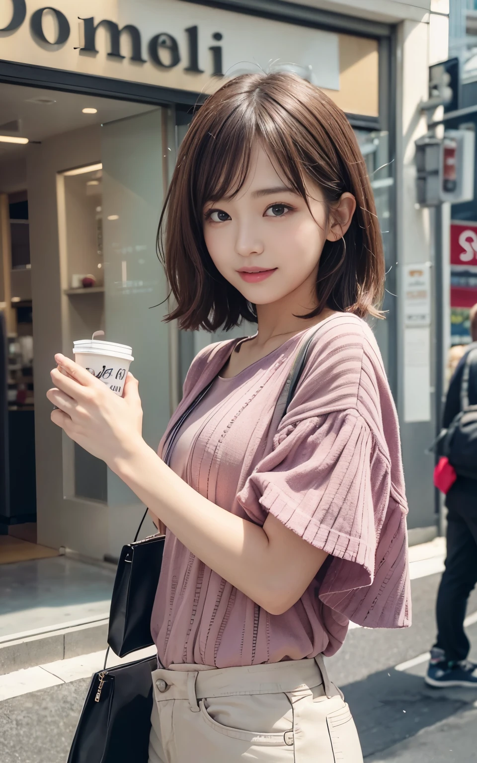 Cute 21 year old Japanese、shopping、Ultra-detailed facial features、Attention to detail、double eyelid、Beautiful and thin nose、Sharp Focus:1.2、beauty:1.4、(Light Brown Hair、Short Hair、)、Pure white skin、Highest quality、masterpiece、超High resolution、(Photorealistic:1.4)、High resolution、Professional Lighting、nice smile、please show me your whole body、Casual pants、Colorful spring clothes、
