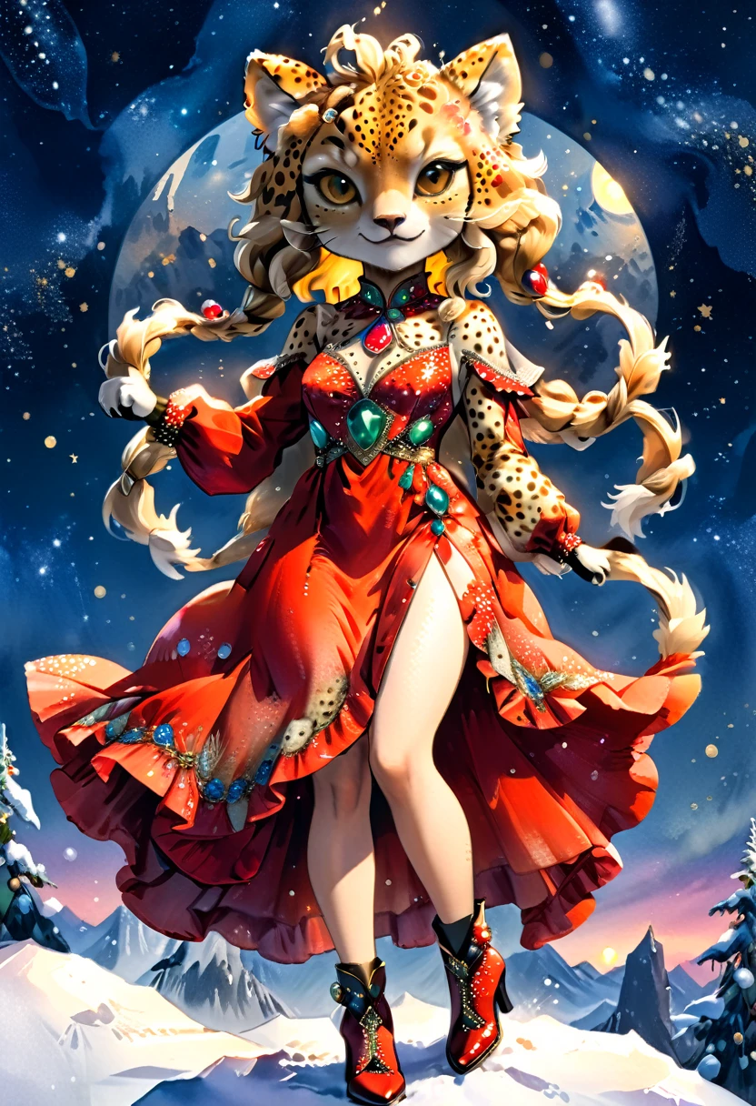 a watercolor picture of a female cheetah anthomorph wearing a red evening dress, elegant, intricate detailed dress, (dress is decorated with gems: 1.2), silk dress, she wears elegant high heeled boots, exquisite high heeled boots, female cheetah anthomorph, (wild beauty: 1.3) , (ultra feminine: 1.2), ultra detailed face, fangs revealing smile, she stands on the the top of a snowy mountain, elegant cocktail party on the top of a snowy mountain background, night time, some stars the moon is rising, best details, best quality, highres, ultra wide angle, 16k, [ultra detailed], masterpiece, best quality, (extremely detailed), full body, ultra wide shot, photorealistic, ladyshadow, ral-ntrgmstn