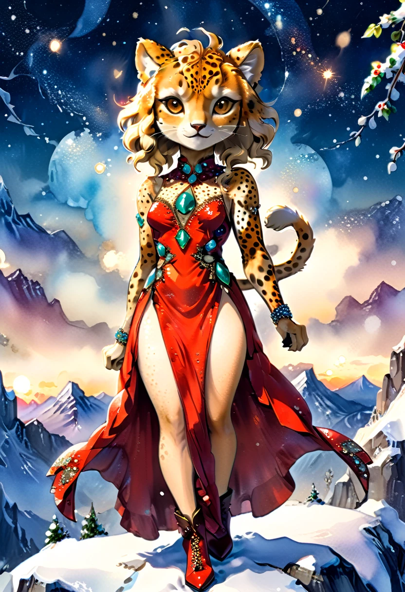 a watercolor picture of a female cheetah anthomorph wearing a red evening dress, elegant, intricate detailed dress, (dress is decorated with gems: 1.2), silk dress, she wears elegant high heeled boots, exquisite high heeled boots, female cheetah anthomorph, (wild beauty: 1.3) , (ultra feminine: 1.2), ultra detailed face, fangs revealing smile, she stands on the the top of a snowy mountain, elegant cocktail party on the top of a snowy mountain background, night time, some stars the moon is rising, best details, best quality, highres, ultra wide angle, 16k, [ultra detailed], masterpiece, best quality, (extremely detailed), full body, ultra wide shot, photorealistic, ladyshadow, ral-ntrgmstn