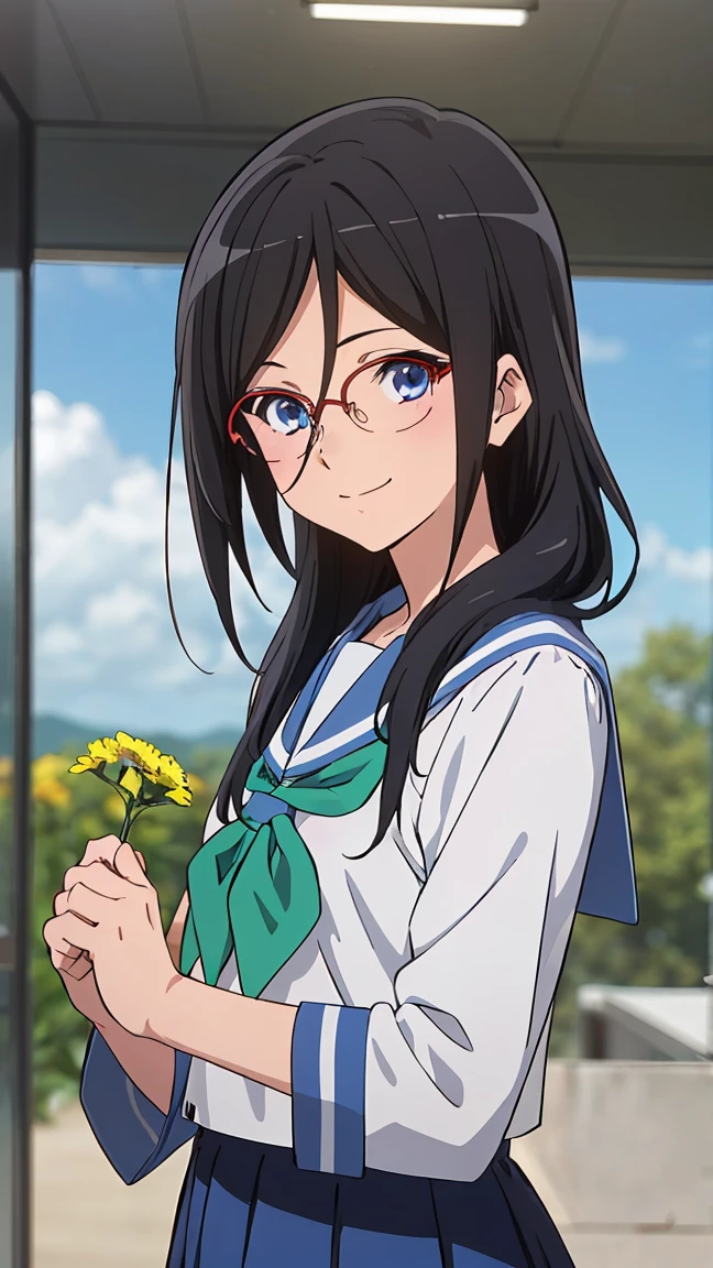 solo, 1girl, looking at viewer, sketch, flat colors, 2D, anime, anime coloring, upper body, , asuka tanaka, kitauji high , serafuku, blue sailor collar, green neckerchief, looking at viewer, smile (holding a flowers viewing it to the viewer: 1.5)