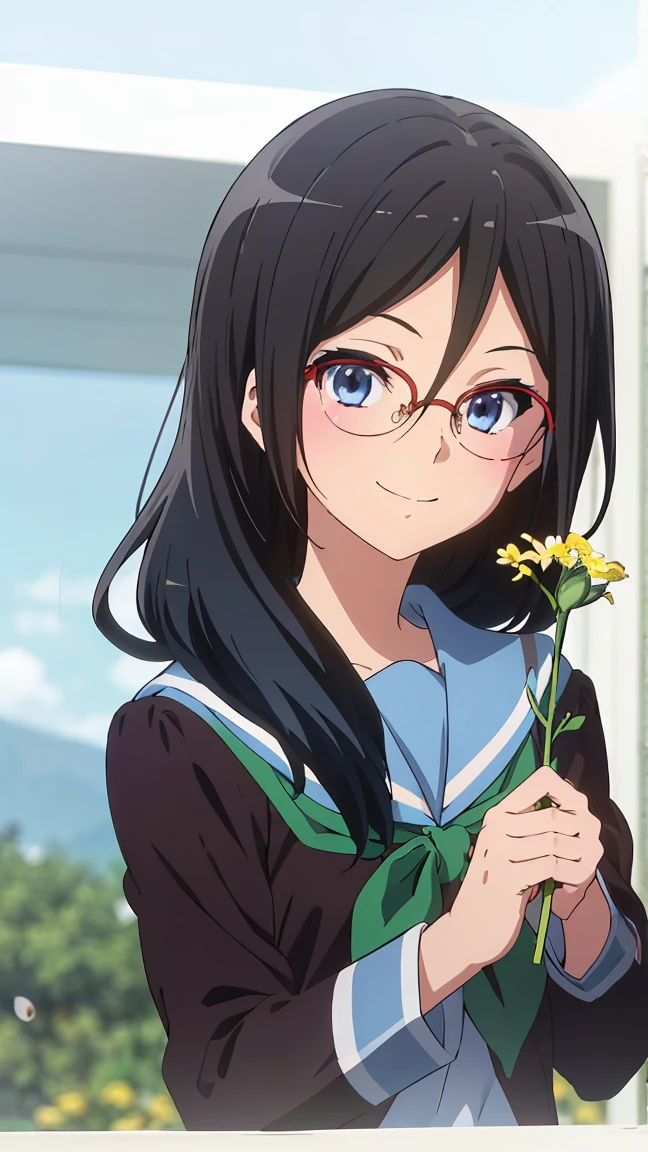 solo, 1girl, looking at viewer, sketch, flat colors, 2D, anime, anime coloring, upper body, , asuka tanaka, kitauji high , serafuku, blue sailor collar, green neckerchief, looking at viewer, smile (holding a flowers viewing it to the viewer: 1.5)