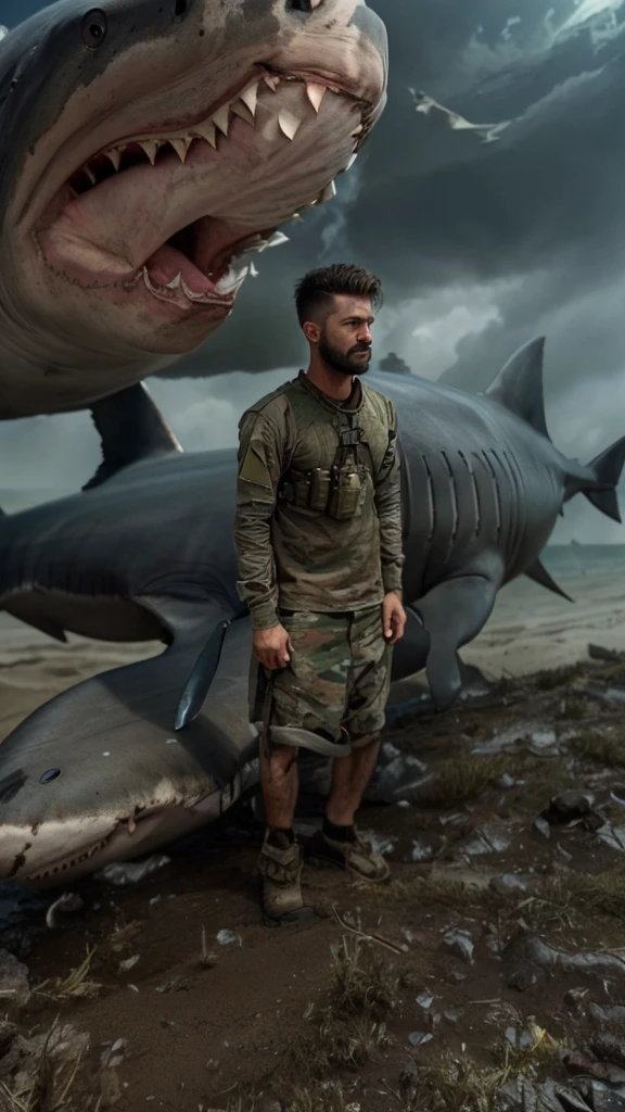 (Detailed description) (best quality) American man, American soldier, big beard, white shark animal, short hair, animal shark involved, going to war boy