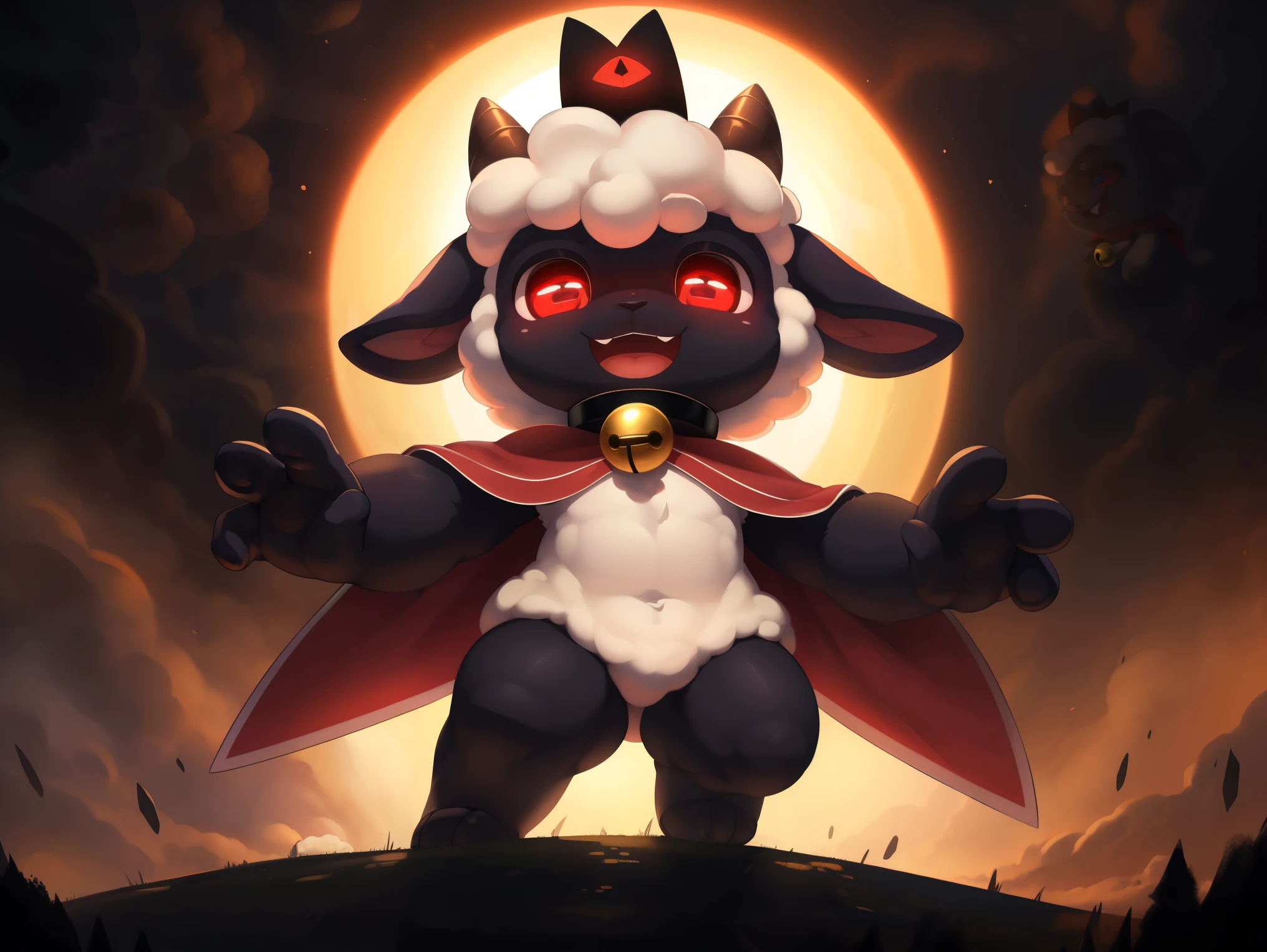 male anthro sheep, cub, (chibi), cute-fine-face, ultra cute face, cute, glossy black skin, shiny white wool, glossy black fur, ((floating)), in the air, triumphant pose, ((reflective eyes)), expressive eyes, detailed big hands, red crown, golden bell collar, detailed red cape, (horizontal pupils), red eyes, glossy black horns, glossy wool, body wool, leg wool, arm wool, evil laugh, Very good figure, best quality, highres, 16k, Natural soft light, Tyndall effect, Advanced film lighting, Unreal Engine5, Extremely realistic, A high resolution, perfect masterpiece, high quality, high resolution