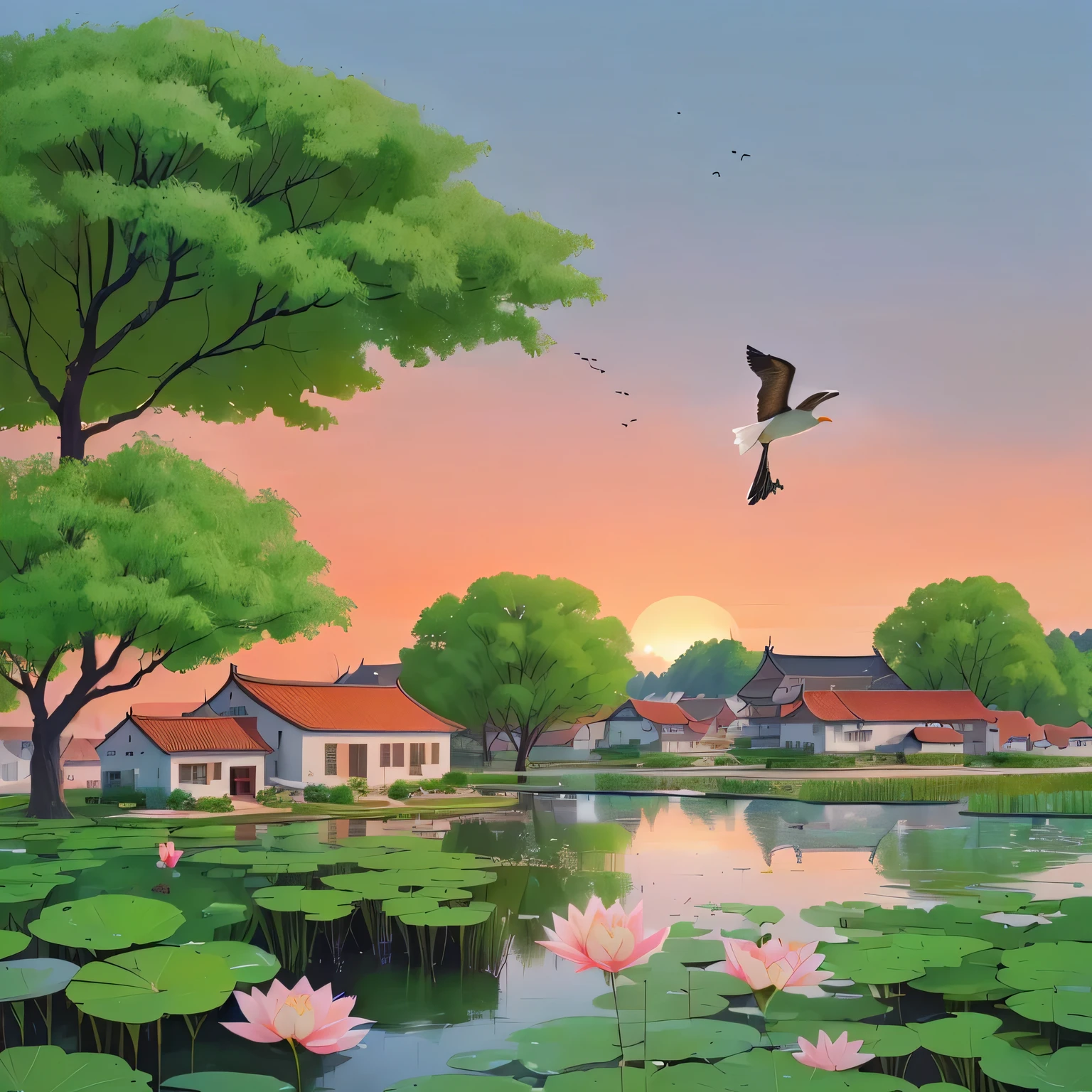 There is a painting,The painting shows a bird flying over a pond, peaceful suburban scene, a small village with a lake, countryside city scene, Dreamy Chinatown, calm afternoon, Zhou Fang, author:Yi Yinwen, China Village, landscape illustration, background technology, Anime rural scenery, A beautiful artistic illustration, author:Yang J, Mei Qing, Random background scenes