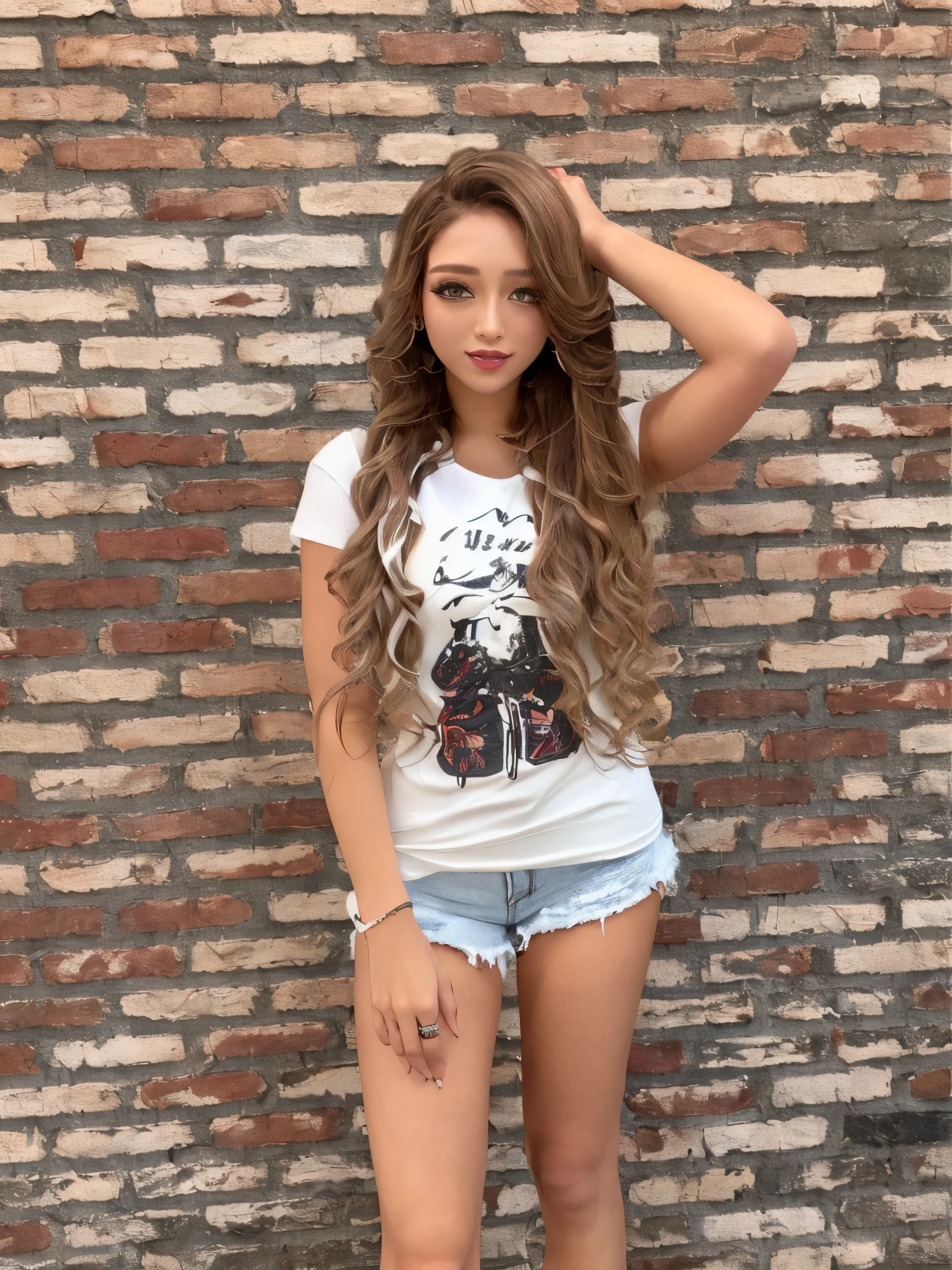 arafed woman in a white shirt and denim shorts posing for a picture, Long Hair, Caitlin Mini Cute Style, Vanessa Morgan, white Trendy clothes, グラフィックT-Shirts, Trendy clothes, T-Shirts!!, asian girl Long Hair, white! Tank top with print, teenage Vanessa Morgan, black red white clothes, With long curly hair, Twin tail hairstyle