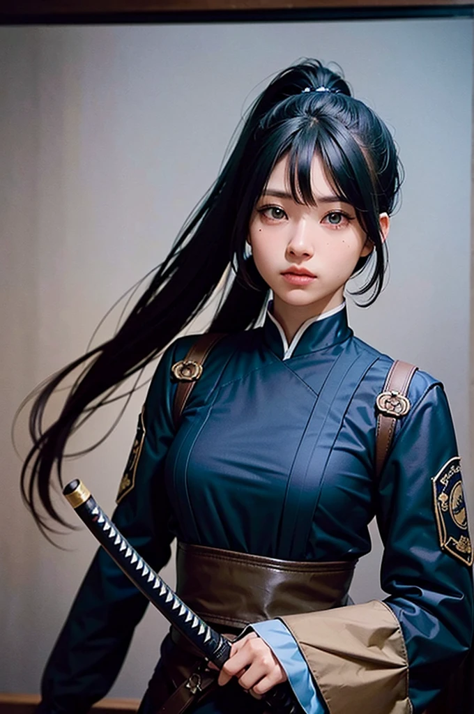 create a 1800s, badass blasian mixed girl with very long and messy black hair and blue eyes in a cool assassin outfit with a rifle and katana. give her two ponytails and bangs; anime art style