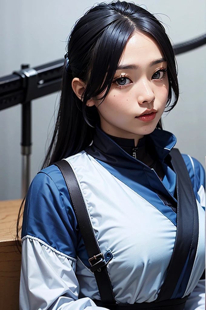 create a 1800s, badass blasian mixed girl with very long and messy black hair and blue eyes in a cool assassin outfit with a rifle and katana. give her two ponytails and bangs; anime art style
