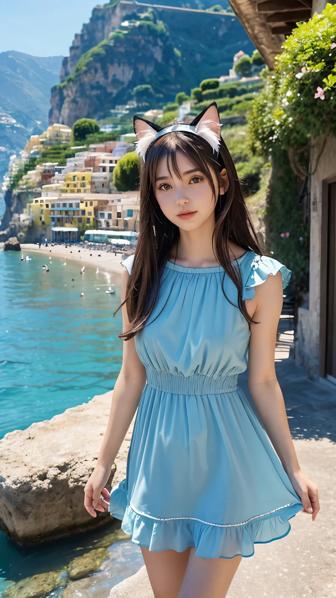 Beautiful girl walking seashore,
the stunning Amalfi Coast in Italy, with viewers enjoying the traditional Italian lemon liqueur, Limoncello, in hand as they take in the breathtaking scenery,
Capture the picturesque coastal villages along the Amalfi Coast, such as Positano, Amalfi, and Ravello, with their colorful buildings cascading down the cliffs towards the azure Mediterranean Sea,
Focus on the rugged coastline, with images of dramatic cliffs, hidden coves, and crystal-clear waters that create a paradise-like setting for relaxation and exploration,(ひまわり:1.4),
(Cat ears:1.3), (Cow pattern dress:1.2),
