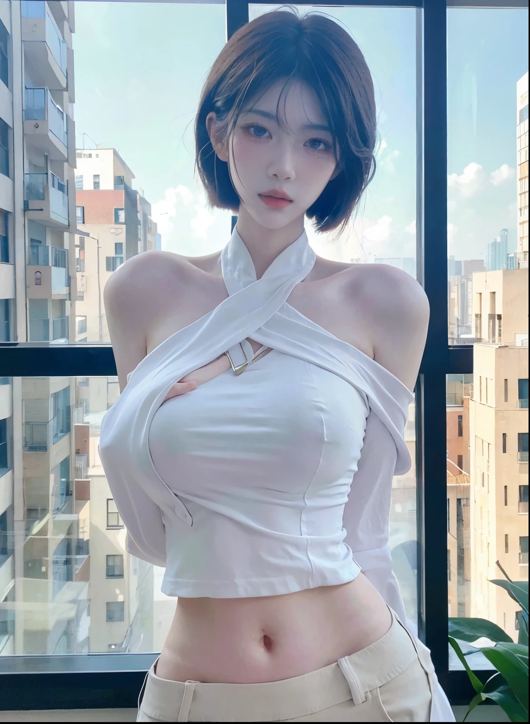 Beautiful woman with perfect figure:1.4,Ultra-high resolution,wear glasses,White背景,(lifelike:1.4),Layered Hairstyle,White皮肤,Super short pleated skirt,whole body,Very delicate face and skin texture,Double eyelids,Skin Whitening,Long hair,White hair,White,