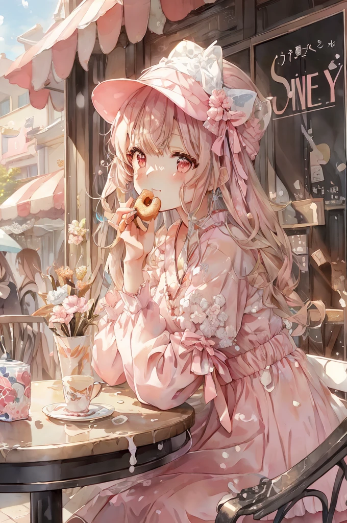 anime girl in pink dress eating a donut at a table, kawacy, anime visual of a cute girl, anime art wallpaper 4k, anime art wallpaper 4 k, anime art wallpaper 8 k, cute anime girl, 4k anime wallpaper, best anime 4k konachan wallpaper, splash art anime loli, anime style 4 k