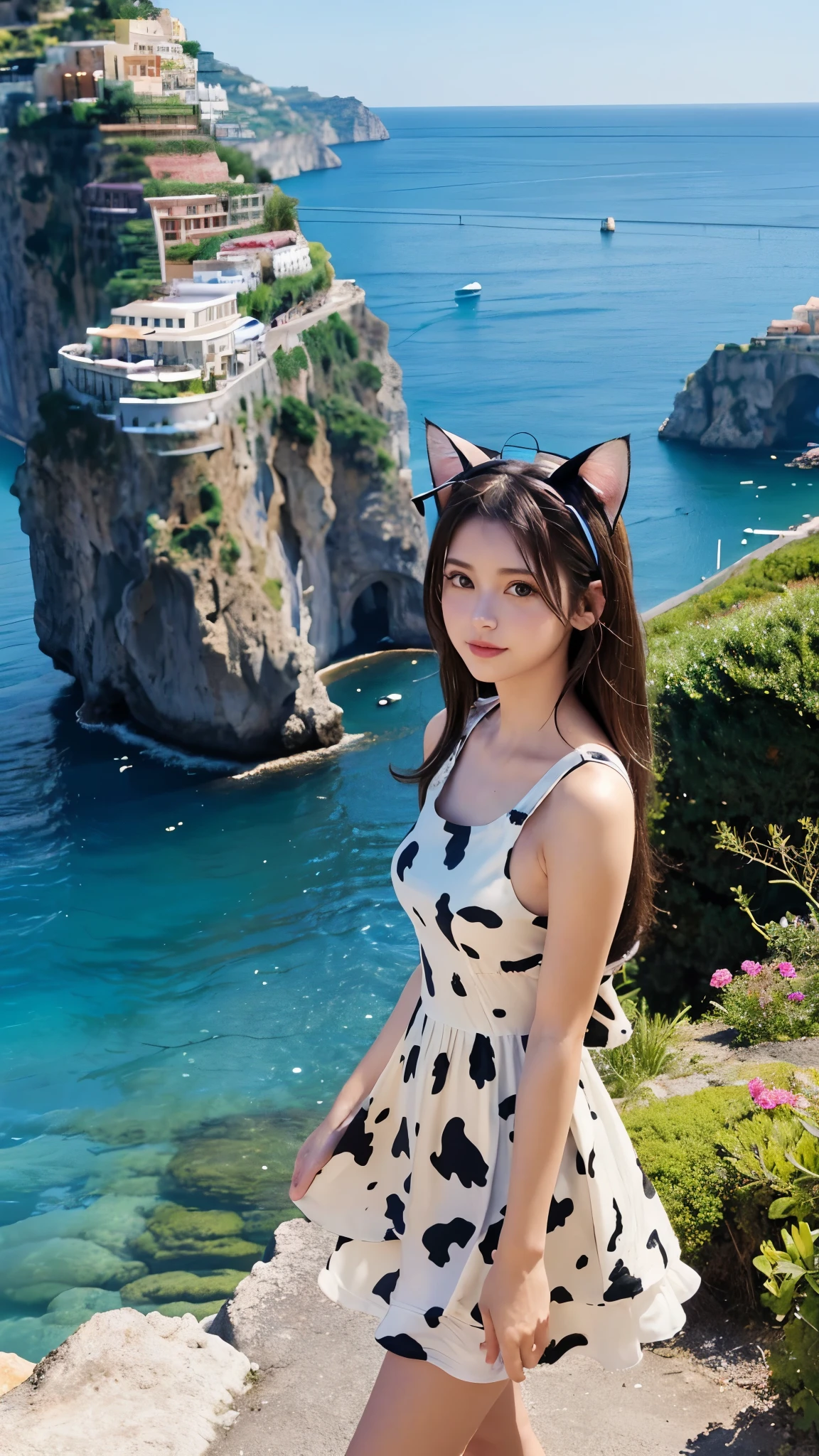 Beautiful girl walking seashore, 
the stunning Amalfi Coast in Italy, with viewers enjoying the traditional Italian lemon liqueur, Limoncello, in hand as they take in the breathtaking scenery,
Capture the picturesque coastal villages along the Amalfi Coast, such as Positano, Amalfi, and Ravello, with their colorful buildings cascading down the cliffs towards the azure Mediterranean Sea,
Focus on the rugged coastline, with images of dramatic cliffs, hidden coves, and crystal-clear waters that create a paradise-like setting for relaxation and exploration,(ひまわり:1.4),
(Cat ears:1.3), (Cow pattern dress:1.2),